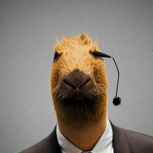 Image similar to capybara head, a man wearing a suit capybara head (smoking cigar)