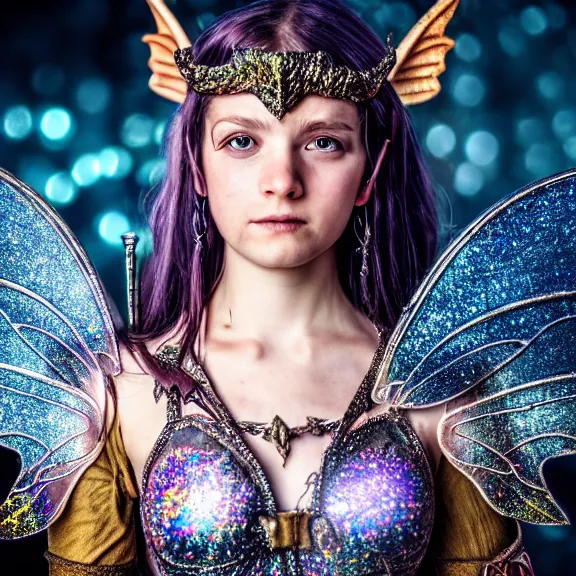 Image similar to full length photo of a fairy warrior wearing sparkly armour, highly detailed, 4 k, hdr, smooth, sharp focus, high resolution, award - winning photo