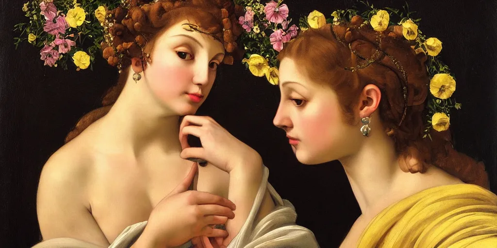 Image similar to a portrait of a very beautiful goddess with a halo behind her head, seductively looking in front, closeup, beautiful aesthetic face, in the style of Caravaggio and Vermeer and Gustav Klimt, realistic, dark, dramatic lighting, large flowers in the background