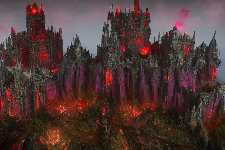 Image similar to big evil castle - city rock dark shadow elves, might and magic heroes vii, dark fantasy, shadows, artstation trending, unreal engine 5, red