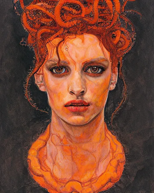 Image similar to portrait of orange medusa by greg rutkowski in the style of egon schiele