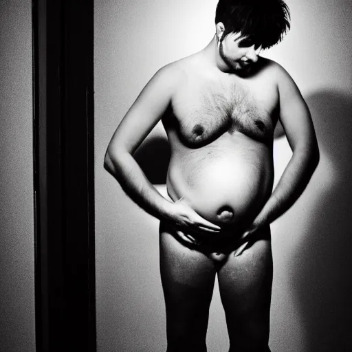 Image similar to goth man with a heavily pregnant belly and black shaggy hair, dramatic lighting