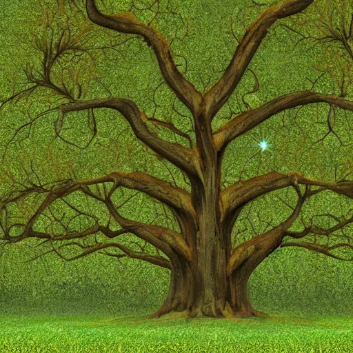 Prompt: oak tree with huge vines standing alone in a field with fractal pattern branches clear focus, concept art, digital art