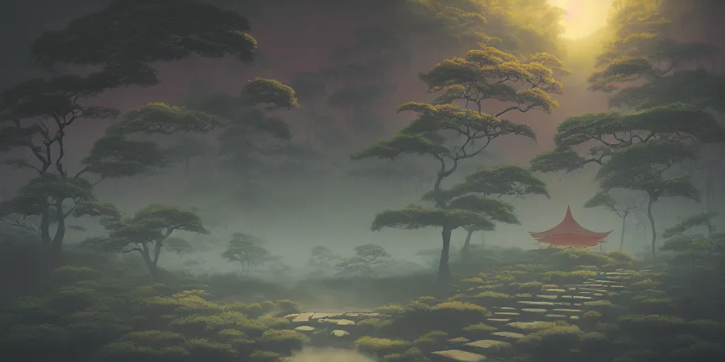 Image similar to foggy japanese shrine!!! a highly detailed cinematic oil painting by roger dean and alena aenami, dynamic lighting