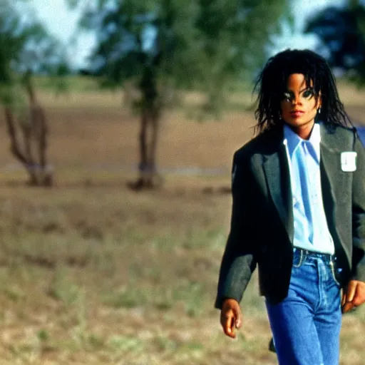 Image similar to a cinematic film still of Michael Jackson starring as a preacher in rural texas, portrait, candid photograph, 1992, shallow depth of field, 40mm