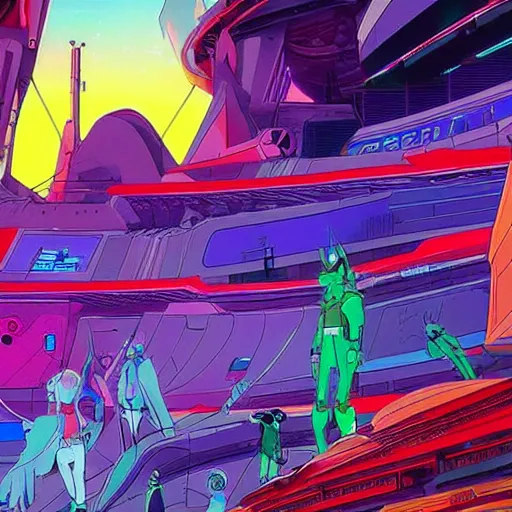 Prompt: a vibrant scifi art scene by a netflix original anime series, highly detailed, remodern surrealism, cel - shaded, colored screentone, digitally enhanced.