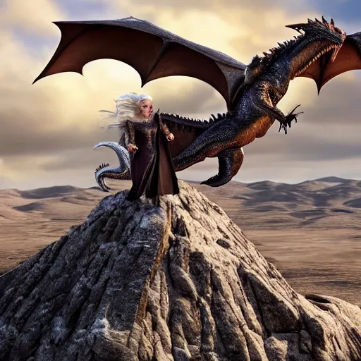 Image similar to daenerys from game of thrones flies on a dragon over snow desert