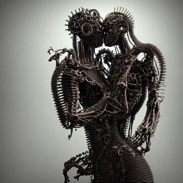Prompt: portrait of abandoned ribbed biomechanical mechanical organic sculpture of two kissing cyborgs, covered with wires, spines, roots, ash, mold, meat, baroque painting, standing in a desolate empty wasteland, creepy, nightmare, dream-like heavy atmosphere, dark fog, surreal abandoned buildings, baroque painting, beautiful detailed intricate insanely detailed octane render trending on Artstation, 8K artistic photography, photorealistic, volumetric cinematic light, chiaroscuro, zoomed out, Raphael, Caravaggio, Beksinski, Giger