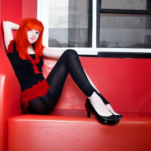 Prompt: a beautiful red - haired girl is sitting with iron legs spread in a red room