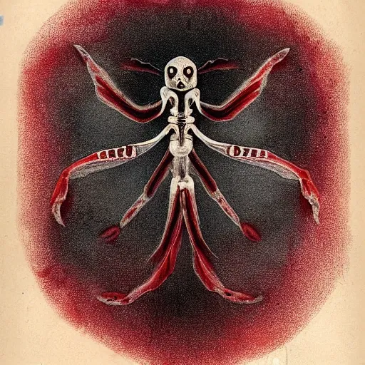 Image similar to “an ancient, demonic moth with bones coming out of its body, dark red mist swirling around”