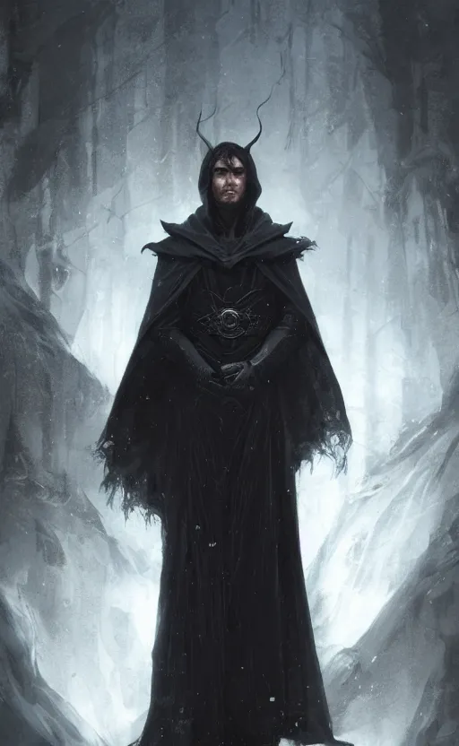 Image similar to Portrait of an elf in a black cloak, black hair, glowing eyes, male, detailed face, fantasy, highly detailed, cinematic lighting, digital art painting by greg rutkowski