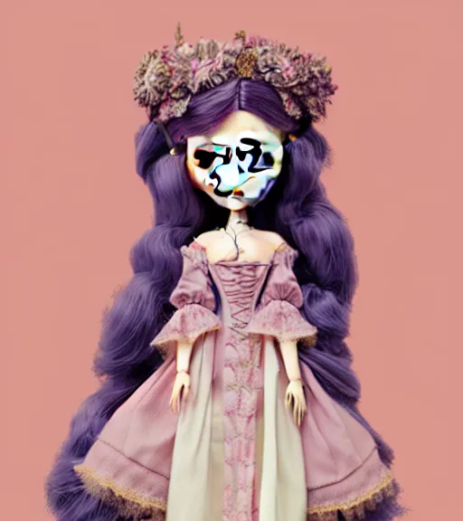 Image similar to portrait of a blythe doll in baroque dress design inspired by flower for fantasy world queen by atey ghailan, by greg rutkowski, by studio ghibli, by greg tocchini, by james gilleard, by joe fenton, by kaethe butcher, dynamic lighting, grunge aesthetic