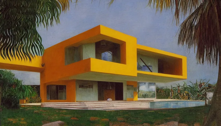 Prompt: 1 9 9 8 brazilian house designed by arthur bispo do rosario, jules bastien - lepage, tarsila do amaral, frank weston and gustave baumann, trending on artstation, mediterranean, brutalism, sharp focus, colorful refracted sparkles, star lines, soft light, 8 k