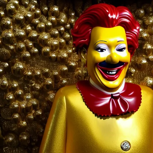 Image similar to a still of ronald mcdonald surrounded by gold and diamonds, award - winning, photograph, 3 d render, unreal engine, 4 k detailed