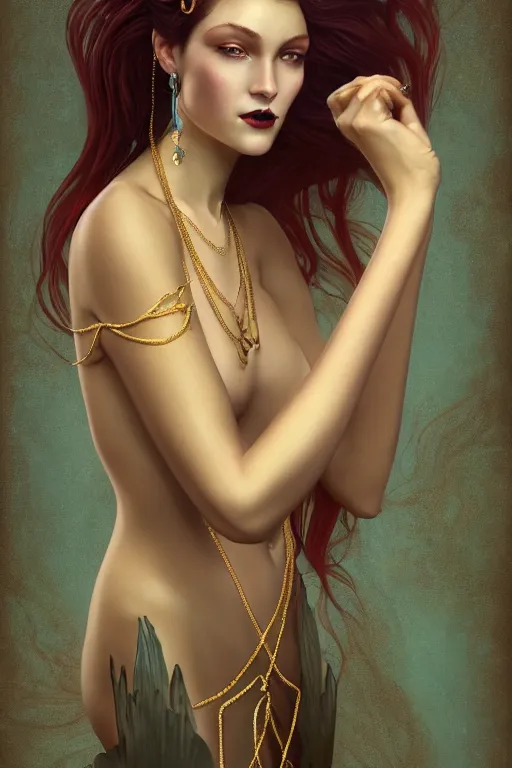 Prompt: a beautiful dark androgynous mermaid, pinup pose, long hair, tall and thin, wearing dozens of pendants and a gown of gold, small delicate crown of the sea on her head, illustration, symmetry accurate features, volumetric light clouds, ultra realist soft painting, (art nouveau), octane render, 8k, HD, by Tom Bagshaw, Brom, Charlie Bowater, faces by otto schmidt