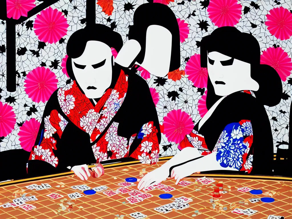 Image similar to hyperrealism composition of the detailed single woman in a japanese kimono sitting at an extremely detailed poker table with stormtrooper, fireworks, river on the background, pop - art style, jacky tsai style, andy warhol style, acrylic on canvas