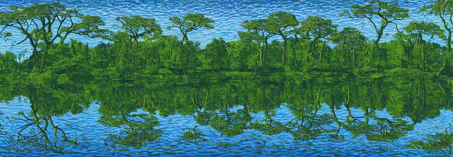 Image similar to escher painting of a lake, big trees reflecting on lake surface, ultra sharp, ultra detailed, colorized by salvador