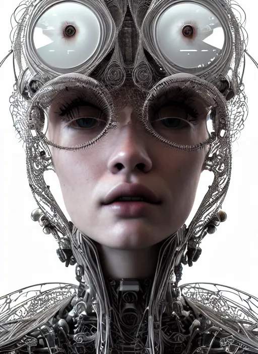 Image similar to portrait of an absurdly beautiful, graceful, sophisticated, fashionable cyberpunk mechanoid, hyperdetailed illustration by irakli nadar and alexandre ferra, intricate linework, white porcelain skin, faberge, fractal headdress, unreal engine 5 highly rendered, global illumination, radiant light, detailed and intricate environment