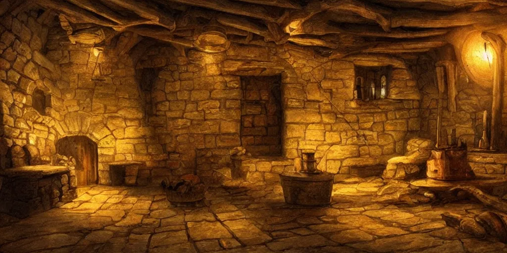 Image similar to medieval cottage interior at night, fantasy