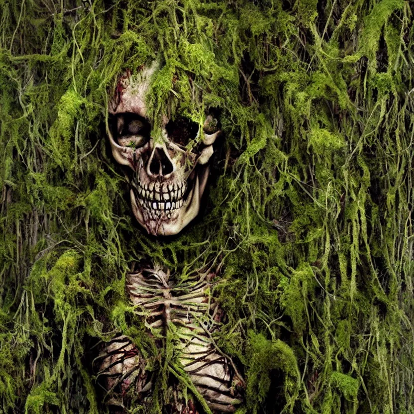 Image similar to a photo realistic zombie skeleton covered in moss and vines in the style of anti-art trending on artstation, cinematic, detailed realistic HD 8k High Resolution