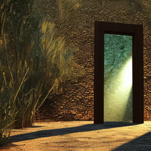 Prompt: photorealistic singular opened door in the middle of a forest that opens to a desert, dynamic lighting, cinematic, ray tracing, sun rays, hyper realism, fantasy concept art