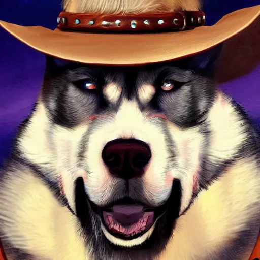 Image similar to a portrait painting of a husky in cowboy costume, wearing a cowboy hat, in the style of anime, trending on artstation