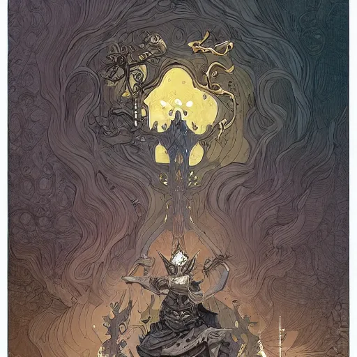 Prompt: bright elf + Grey smoke, face, symetrical + scythe + magic ornament + golden ratio + elements + pattal + baroque,by marc simonetti & paul pope & peter mohrbacher, detailed, intricate ink illustration