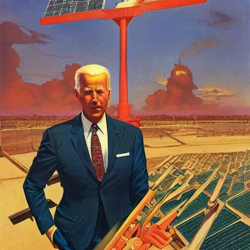 Image similar to solarpunk soviet propaganda of joe biden standing in front of solar panels by j. c. leyendecker, bosch, lisa frank, jon mcnaughton, and beksinski