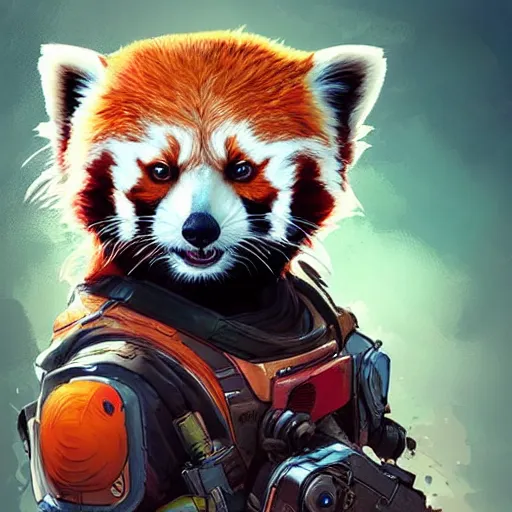 Image similar to red panda as apex legends character, digital illustration portrait design, by android jones and greg rutkowski, retrowave color scheme, detailed, cinematic lighting, wide angle action dynamic portrait