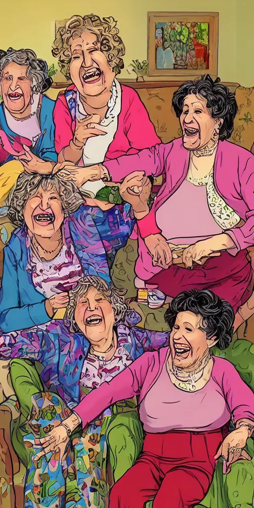 Prompt: laughing grandmas on acid in the house