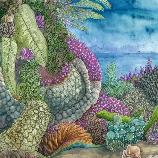 Prompt: delicate coast sea garden on paper, spirals, stony, puffy, vines, botanical herbarium, botanic watercolors, iridescent, 8 k wide angle, realistic shaded, fine details, artstation, italian, rainbow, colonnade, oak, pinecone, pomegranade, vines, gardena architecture, pompeian, sicilian