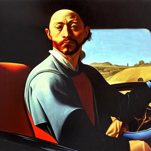 Prompt: a man in his car queuing in traffic, painted by caravaggio