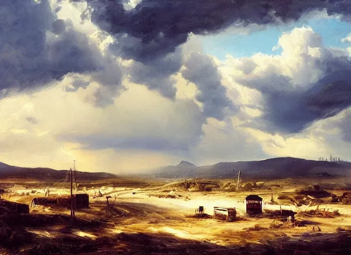 Image similar to oil painting of american old west town, harbour, dramatic storm clouds, dusty street, sunrays, dramatic, very very very beautiful art, cinematic lighting, romanticism by goya, bright art, pastel color, blue sky, sunny summer day, tall rocky mountains
