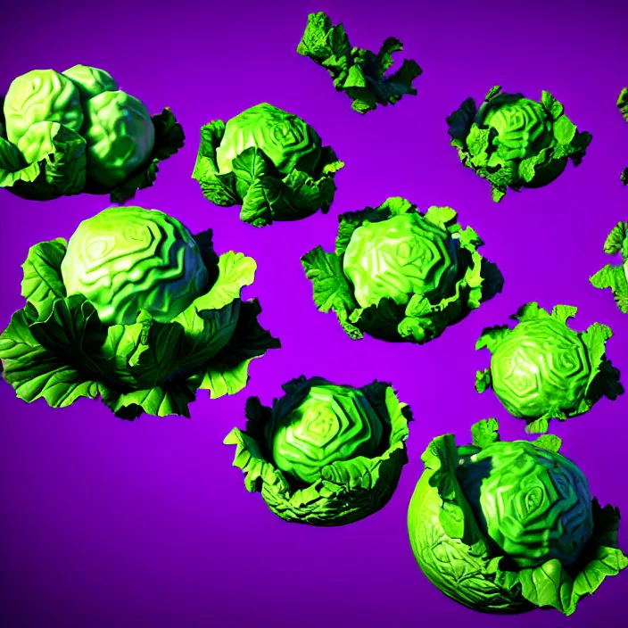 Image similar to high quality 3 d render very cute cabbages! money everywhere, highly detailed, unreal engine cinematic smooth, moody purple green light, low angle, uhd 8 k