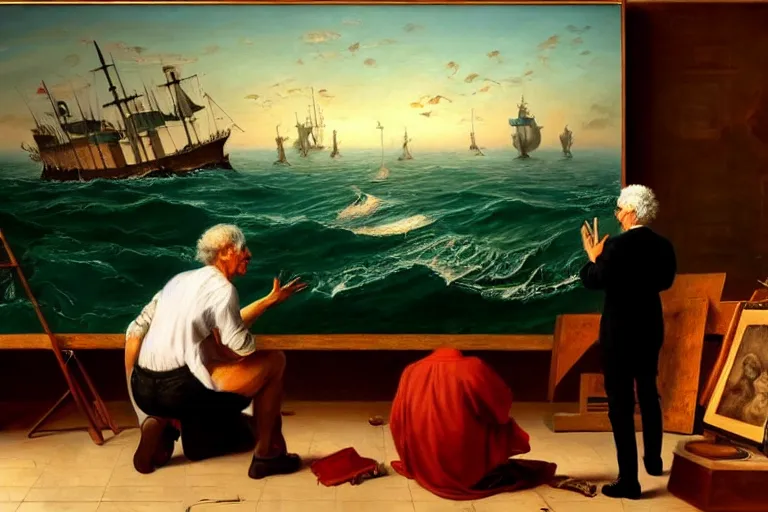 Image similar to ( ( a beautiful 8 k photorealistic masterpiece oil painting ) ( of ( philosopher lecturing to an audience while ship is sinking on the background ) ) ) ( hyperrealism ) ( 1 6 k ) ( trending on artstation )