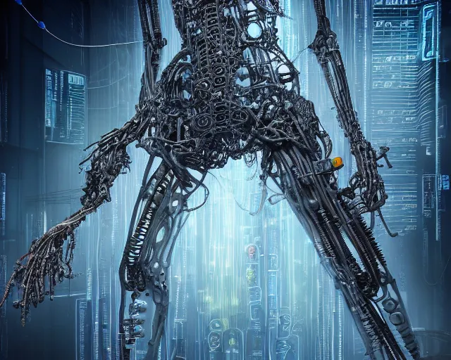 Image similar to photo of a biomechanical torso of a cyborg plugged into a quantum computer with cables and wires. cyberpunk horror style. art by luis royo. highly detailed 8 k. intricate. nikon d 8 5 0 5 5 mm. award winning photography.