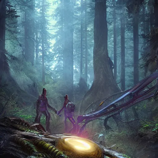 Prompt: aliens discovering technological artifact in a forest., technological landscape, dramatic lighting, cinematic, establishing shot, extremly high detail, photorealistic, cinematic lighting, post processed, concept art, artstation, matte painting, style by greg rutkowsky