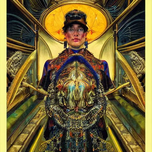 Prompt: baroque portrait of an art deco machine shaman, reflective detailed textures, highly detailed fantasy science fiction painting by annie swynnerton and jean delville and moebius, norman rockwell and william holman hunt. modern industrial shaman, rich colors, high contrast. artstation