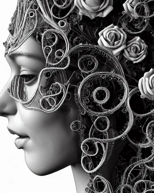 Image similar to mythical dreamy black and white organic bio-mechanical spinal ribbed profile face portrait detail of translucent steampunk beautiful female angelic-human-queen-vegetal-cyborg, highly detailed, intricate crystal ivy jelly ornate, poetic, translucent roses ornate, 3D render, digital art, octane render, 8K artistic photography, photo-realistic, by Dora Maar