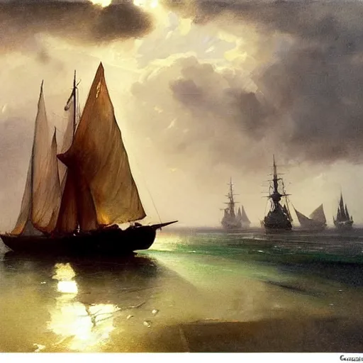 Prompt: oil painting of boat with translucent sail, backlit ship, details, decorative, art by anders zorn, wonderful masterpiece by greg rutkowski, beautiful cinematic light, american romanticism by greg manchess, creation by tyler edlin, stormclouds and harbour in distant background, foggy