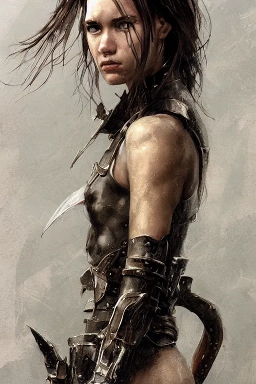 Image similar to a photorealistic painting of an attractive young girl, partially clothed in battle armor, olive skin, long dark hair, beautiful bone structure, symmetrical face, perfect eyes, intricate, elegant, digital painting, concept art, illustration, sharp focus, minimal artifacts, from Metal Gear, in the style of Ruan Jia and Mandy Jurgens, by Greg Rutkowski, trending on Artstation, award winning