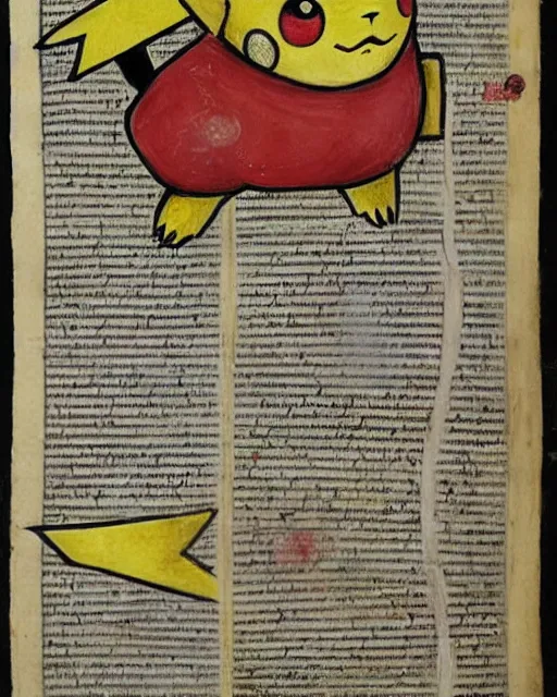 Image similar to a manuscript painting of Pikachu in the style of the Rochester Bestiary, Ashmole Bestiary