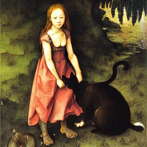 Prompt: oil painting of a girl trying to rescue a cat from a swamp by Albrecht Dürer