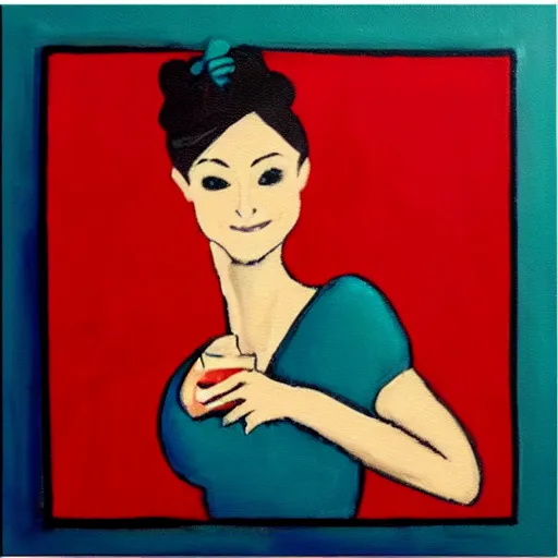 Image similar to square painting of a ballerina drinking wine in a teal room all on a red background