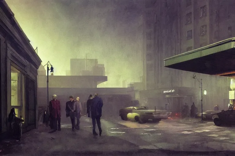 Prompt: detailed ultra - realistic graphic novel illustration of postapocalyptic nightclub by edward hopper and gregory crewdson, cinematic, muted colors, cinematic fog, full shot, george adult, carel willink, ian miller, wayne barlowe, greg rutkowski, norman rockwell