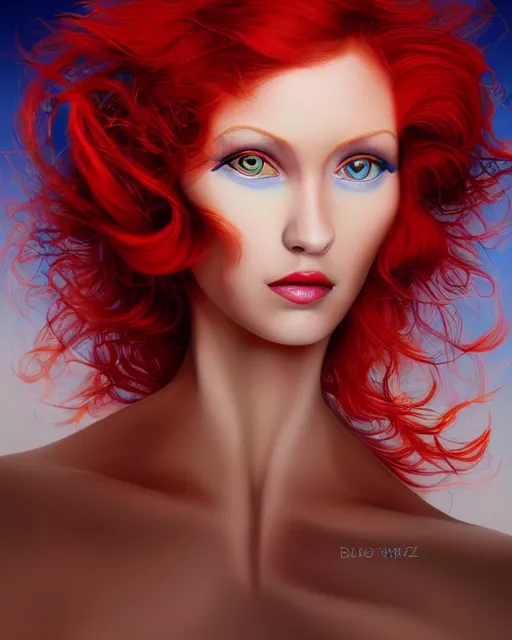 Prompt: a portrait of a beautiful woman with blue eyes and red hair, face in detail, highly surrealistic art in the style of Salvador Dali and Jim Warren, highly detailed, trending on artstationhq