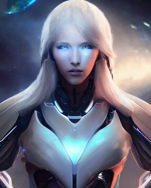 Image similar to perfect android girl on a mothership, warframe armor, beautiful face, scifi, futuristic, galaxy, nebula, raytracing, dreamy, long white hair, blue cyborg eyes, sharp focus, cinematic lighting, highly detailed, artstation, divine, by gauthier leblanc, kazuya takahashi, huifeng huang