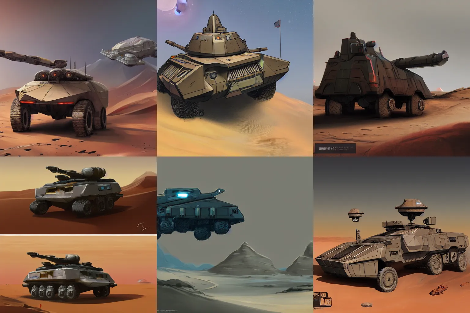 Prompt: armored apc traveling through the the dunes of Kharak, concept art, trending on Artstation, homeworld, sharp detailed