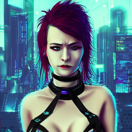 Image similar to an adult cyberpunk woman wearing large spiked punk collar, choker, steel choker, portrait, 4K, digital art, deviantart, artstation, neon, buildings in background,