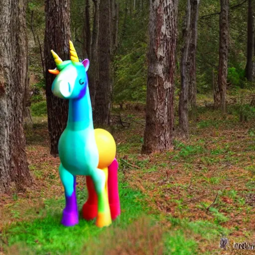 Image similar to a rainbow colored unicorn in the woods